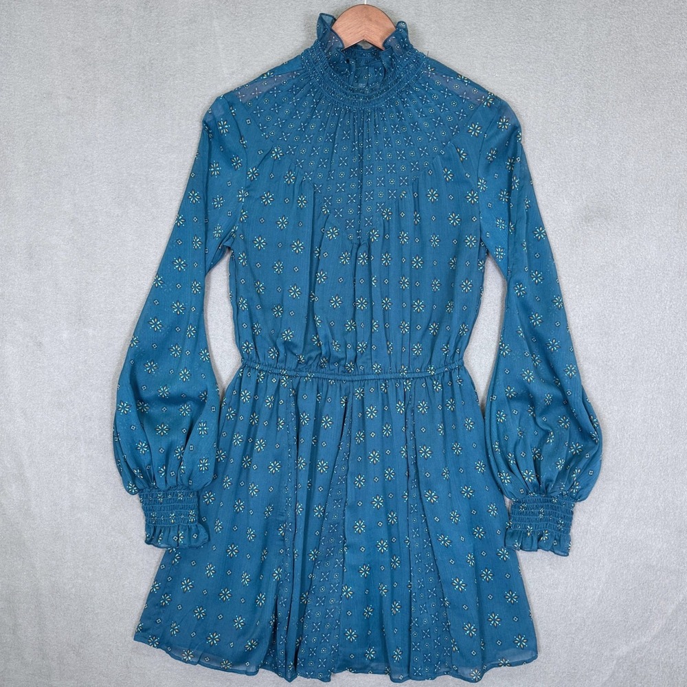Tularosa Mini Dress Women S Teal Smocked Chiffon Floral Boho Long Sleeve Prairie